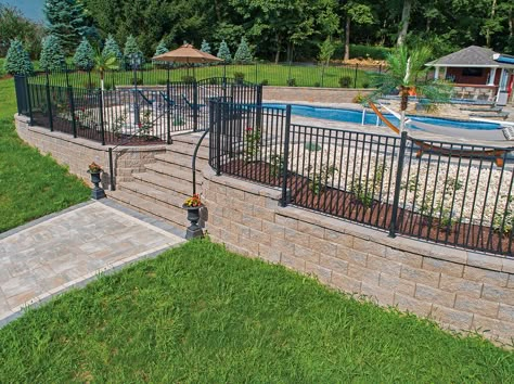 Walls Archives | EP Henry Pool Retaining Wall, Fence Around Pool, Backyard Pool Design, Stone Walls Garden, Swimming Pool Landscaping, Sloped Backyard, Landscaping Retaining Walls, Backyard Pool Landscaping, Pool Fence