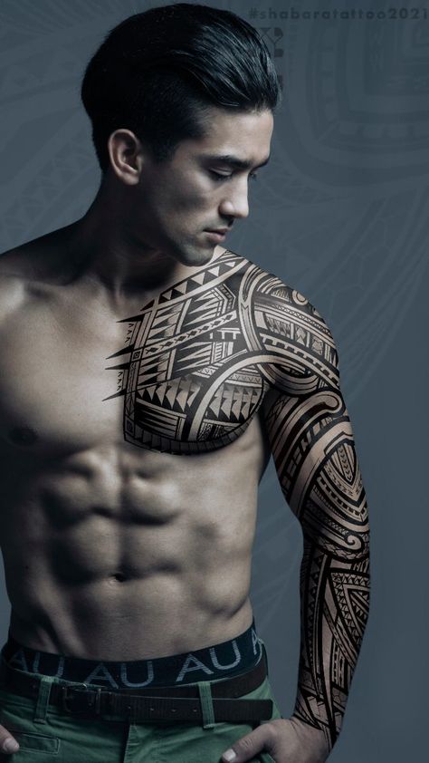 Chest And Arm Tattoo Men, Chest Sleeve Tattoo Men, Polynesian Tattoos Men, Polynesian Tattoo Designs Men Arm, Man Tattoo Ideas, Polynesian Tattoo Sleeve, Tato Maori, Tattoo Artist Tattoo, Pola Tato