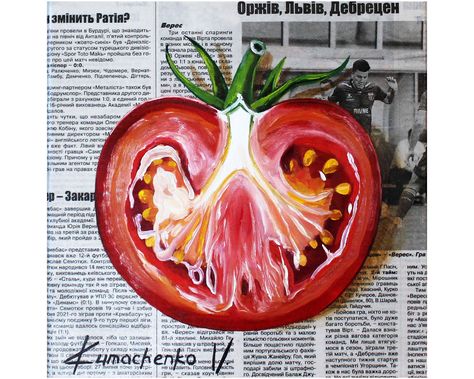 Tomato Painting, Tomato Drawing, Tomato Oil, Tomato Art, Newspaper Painting, Food Still Life, Painting Food, Vegetable Painting, Food Art Painting