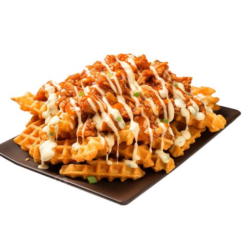 a platter of waffle fries loaded with savory buffalo chicken chicken waffle fries fast food waffle Chicken Loaded Fries, Waffle Chicken, Waffle Fries, Loaded Fries, Food Fast, Chicken And Waffles, Buffalo Chicken, Comfort Food, Waffles