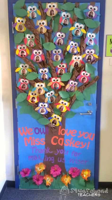 Owl-Themed Classroom Ideas - Classroom Bulletin Boards and Decor Owl Classroom Door, Thanksgiving Decorations For Kids, Thanksgiving Activities For Kindergarten, Teacher Appreciation Doors, Owl Theme Classroom, Owl Door, Thanksgiving Crafts Preschool, Owl Classroom, Teacher Door