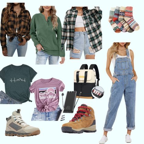 Overall Hiking Outfit, Columbia Boots Outfit, Columbia Outfit Woman, Cabin Outfit Summer, Cabin Trip Outfit, Columbia Hiking Boots, Cabin Outfit, Columbia Boots, Overalls Jeans