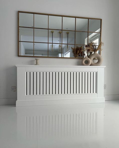 Console Table In Front Of Radiator, Wall Radiator Cover Ideas, Built Ins Around Radiator, Hallway Radiator Cover Decor, Radiator Cover Ideas Living Room, Radiator Cover Ideas Hallway, Hide Radiator Ideas, Hallway Radiator, Rad Covers