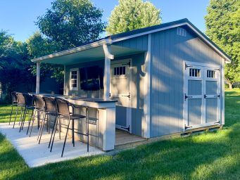 Outdoor Shed Bar, Backyard Shed Bar Ideas, Outdoor Kitchen And Bar, Backyard Bar Shed, Pool House Bar, Shed Bar Ideas, Pool Sheds, Backyard Hosting, Party Shed