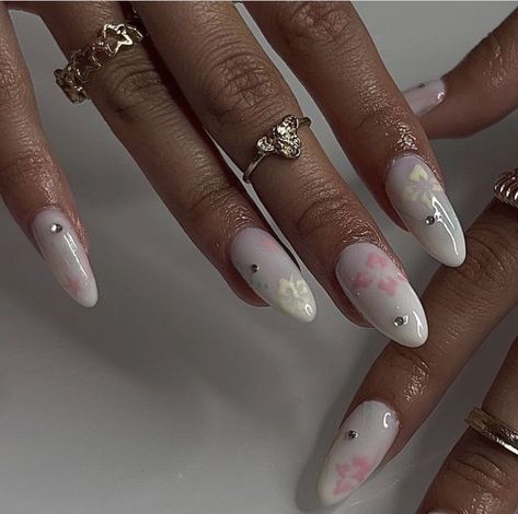 nails by @/inailzit Disco Ball Nails, Ball Nails, Milky White Nails, Milky Nails, White Glitter Nails, Summery Nails, White Nail Designs, Manicures Designs, Pastel Flowers