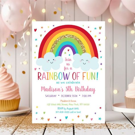 Clouds With Rainbow, Rainbow Birthday Invite, First Birthday Rainbow, Rainbow Kawaii, Rainbow And Clouds, Rainbow First Birthday, Kawaii Rainbow, Rainbow Birthday Invitations, Baby Birthday Decorations