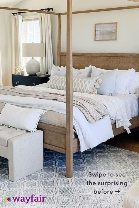 With a canopy bed frame, crisp white bedding, and blue area rug, this space went from dark and dated to a seaside escape in no time. Married Decor, Dark Area Rug, Pool Guest House, Florida Furniture, Ohio House, Manufactured Home Remodel, Canopy Bed Frame, Teen Bedroom Designs, Condo Decorating