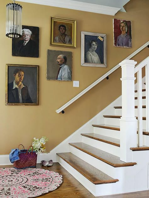 Entryway Wall Color, Quirky Cottage, Cottage Design Ideas, Yellow Hallway, Gold Entryway, Entryway Colors, Gold Paint Colors, Gold Painted Walls, Cottage Decorating Ideas