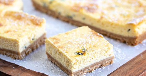 This yummy, zesty passionfruit slice is a lovely alternative to a cheesecake, and it’s much more foolproof. Bake in a low oven then let it set overnight in the fridge. Fridge Cheesecake, Impressive Christmas Dessert, Slice Dessert, Passionfruit Slice, Peppermint Slice, Cheesecake Slice, Sour Cream Cheesecake, Peppermint Cheesecake, Afternoon Tea Recipes