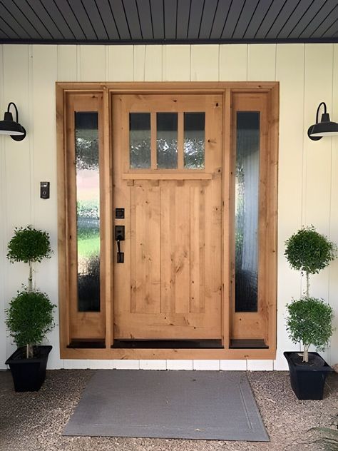 Big Front Doors Wood, Front Door For Craftsman House, Light Wood Stain Front Door, Farmhouse Entrance Door, Barndominium Exterior Door, Front Door Natural Wood, Knotty Alder Exterior Door, Front Arch Door, Best Front Door