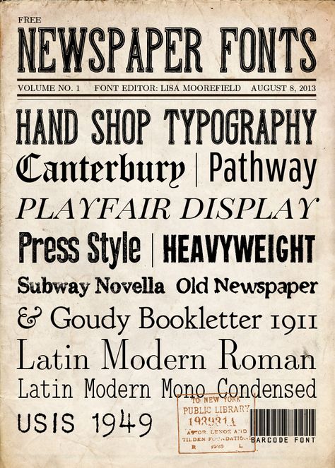 DIY Free Newspaper Fonts from A Little Scrapbooking. Included in this post are links to 149 free paper texture backgrounds (good ones) and other commonly used newspaper fonts. For more unique fonts that I’ve posted (monograms, unicorns, famous movie... Newspaper Club, Font Love, Free Paper Texture, Inspiration Typographie, Computer Font, Scrapbook Fonts, Diy Newspaper, Silhouette Fonts, Beautiful Letters