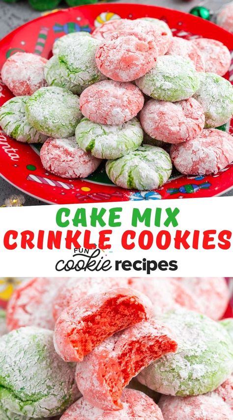 Crinkle Cookies Recipe Cake Mixes, Cake Mix Crinkle Cookies, Crinkle Cookies Cake Mix, White Cake Mix Cookies, Fun Cookie Recipes, Christmas Crinkle Cookies, Easy Christmas Cake, Powdered Sugar Cookies, Gluten Free Cake Mixes