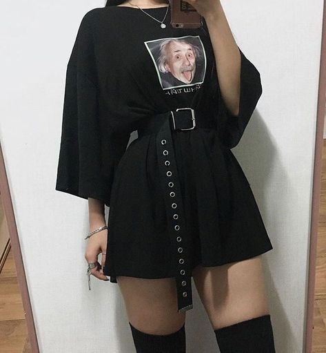 T shirt dress / black belt / thigh high black boots Egirl Fashion, E Girl Outfits, Tokyo Street Fashion, Aesthetic Grunge Outfit, Grunge Look, Rock Punk, Looks Black, Mode Inspo, Alternative Outfits