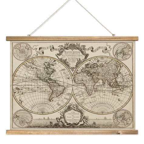 PRICES MAY VARY. ★17th Century World Map Replica - Detailed vintage-style cartography ★Hemispheric Layout - Features distinct Eastern and Western hemisphere views ★Quality Linen Fabric Print - Durable and aesthetic linen material for an authentic vintage feel ★Wooden Hanger Included - Easy-to-mount wall decoration ★Educational and Decorative - Ideal for home, office, or classroom settings Vintage Hemisphere World Map Wall Art - Linen Fabric Print with Wooden Hanger  Design: This wall art feature Vintage Map Wall Art, World Travel Decor, Vintage Map Decor, World Map Vintage, Cartography Art, Wedding Maps, Tapestry Headboard, Cottage Core Home, Rum Inspo