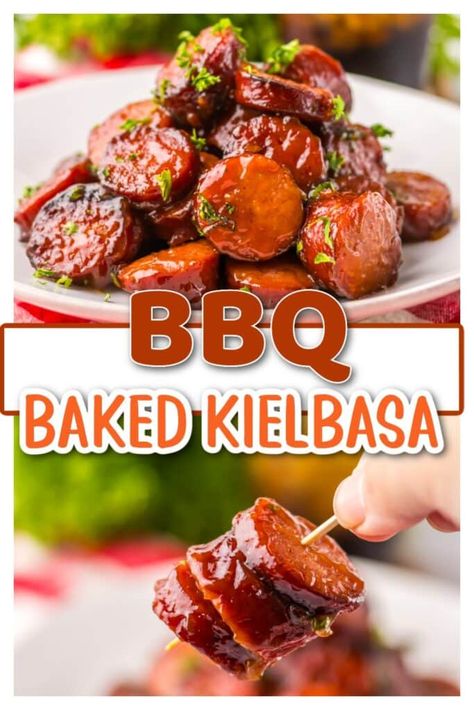 baked bbq kielbasa, baked smoked sausage, bbq kielbasa, bbq smoked sausage, kielbasa recipes, smoked sausage recipes Sauce For Smoked Sausage, Bbq Kielbasa Crockpot, Polka Kielbasa Recipes, Kolbasa Sausage Recipe, Smoked Sausage Appetizers, Baked Kielbasa, Kabasa Sausage Recipes, Polska Kielbasa Recipes, Bbq Kielbasa