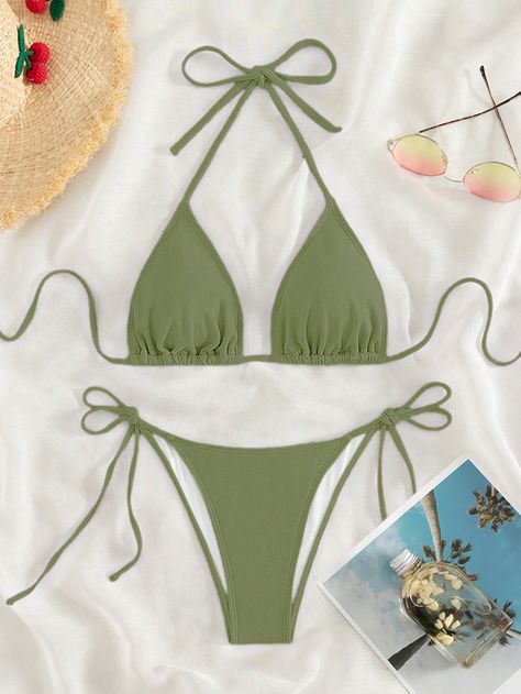 Solid Color Separates Bikini Sets Set For Vacation, Beach And Pool, Summer Beach Army Green Sexy    Plain  Slight Stretch  Women Clothing, size features are:Bust: ,Length: ,Sleeve Length: Manifestation 2024, Summer Beach Outfit, Beach Outfits, Cherry Print, Swim Suits, Cute Swimsuits, Cute Bikinis, Elegant Dresses Long, Swim Wear