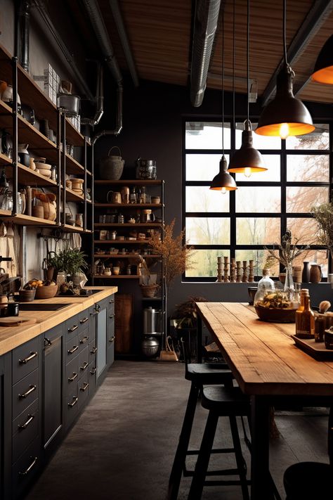 An industrial-style kitchen with a touch of grey lighting, featuring a mix of raw materials, exposed brick, and wooden elements. Black Industrial Kitchen, Cabinets Corner, Industrial Kitchen Design, Industrial Home Design, Walnut Kitchen, Loft Kitchen, Industrial Style Kitchen, Kabinet Dapur, Brick Kitchen