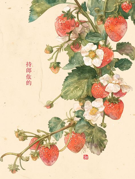 Botony Pictures Drawing, Strawberry Flower Painting, Strawberry Pointillism, Strawberry Bush Painting, Strawberry Bush Drawing, Strawberry Gouache Painting, Strawberry Plant Watercolor, Strawberries Reference, Strawberry Plant Drawing