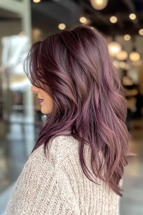 Brunette Lilac Hair, Light Brown With Purple Hair, Brunette With Violet Highlights, Lavender Brown Hair Color, Winter Purple Hair, Brown Hair With Plum Highlights, Light Brown Hair Purple Highlights, Plum Highlights In Brown Hair, Purple Highlights Brown Hair Straight