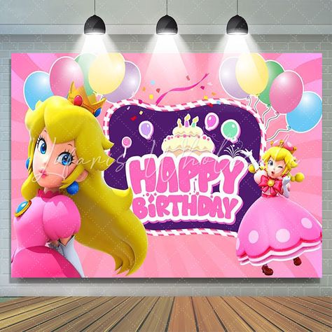 Lofaris Little Pink Dress Princess Birthday Backdrop For Girls Princess Peach Background, Mario Birthday Banner, Princess Peach Birthday, Princess Backdrop, Princess Peach Party, Princess Backdrops, Peach Birthday, Backdrop For Birthday Party, Party Cake Table