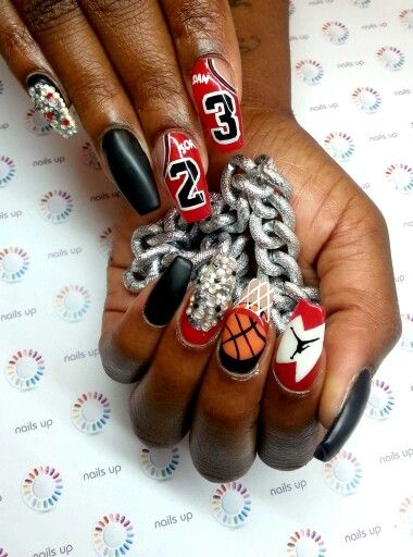 Long Nails Easy Designs, Cute Basketball Nails, Basketball Gel Nails, 23rd Birthday Nail Ideas, Space Jam Nails, Basketball Nails Designs, Race Car Nails Designs, Nails With Writing, March Madness Nails