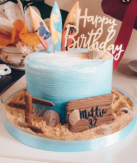 Waves Birthday Cake, Surf Themed Cake, First Wave Birthday Cake, Beach Theme Cake For Men, Surfing Cake Ideas, Surfer Cake Ideas, Surf Cakes Birthday, Surf Cake Ideas, Beachy Birthday Cake