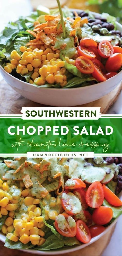 Dressing With Greek Yogurt, Salad With Cilantro Lime Dressing, Creamy Cilantro Lime Dressing, Healthy Green Salads, Southwestern Chopped Salad, Quick Keto Meals, Tortilla Strips, Keto Fast, Green Salad Recipes