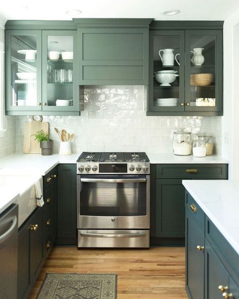 18 Green Kitchen Cabinet Ideas We Can't Get Enough Of Kitchen Mosaic, Green Backsplash, Chicago Interior Design, Light And Dwell, Green Kitchen Cabinets, Mudroom Design, Fireclay Tile, Open Kitchen Shelves, Green Cabinets