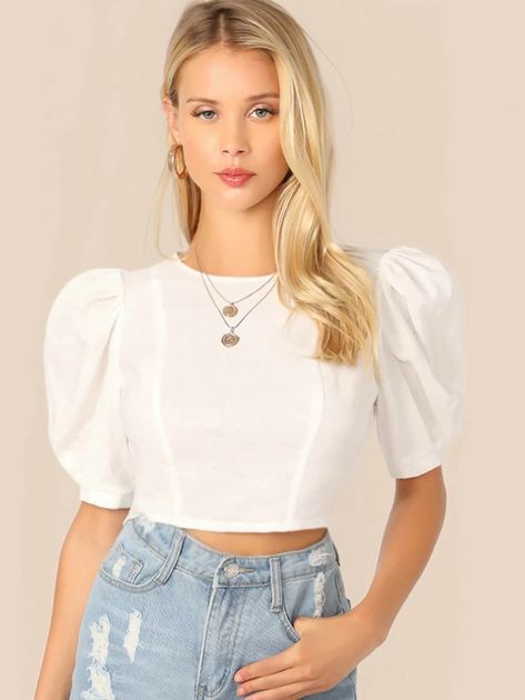 Puff Sleeve Keyhole Back Crop Top | SHEIN USA Don Pedro, Strappy Crop Top, Sewing Diy, Crop Top Outfits, Puffy Sleeves, Looks Vintage, Crop Tops Women, Denim Top, White Top