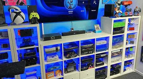 Video game console storage and organization tips Playstation Game Storage, Video Game System Organization, Console Display Ideas, Console Display, Game Console Display Ideas, Multiple Video Game Console Set Up, Gaming System Organization, Video Game Center, Kallax Video Game