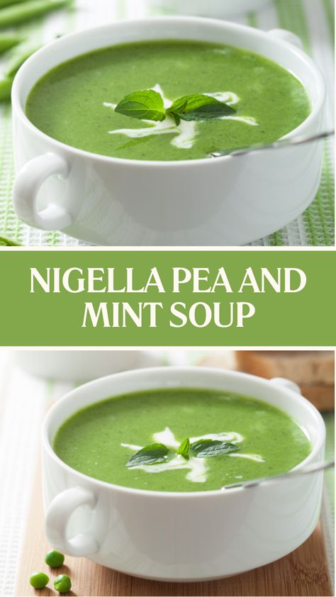 Nigella Pea And Mint Soup Pea Soup With Mint, Pea Mint Soup, Butter Peas, Parsley Soup, Mint Salt, Pea And Mint Soup, Mint Soup, Onion Butter, Nigella Lawson Recipes