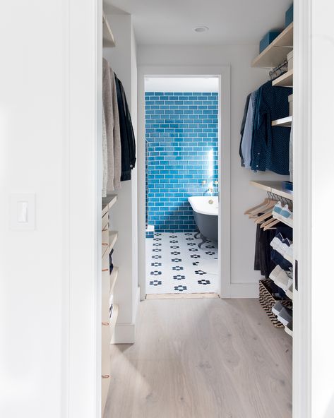 Walk In Closet With Bathroom, Closet Bathroom Combo, Closet With Bathroom, Walk Through Closet To Bathroom, Closet And Bathroom Combo, Walkthrough Closet, Closet To Bathroom, Elfa Closet, Closet Master