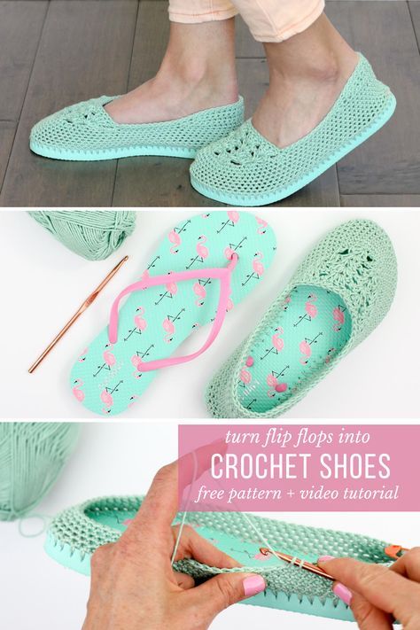 Cotton yarn and a flip flop sole make this free crochet slippers (or house shoes) pattern perfect for warmer weather. Click to get the full pattern. | MakeAndDoCrew.com  #makeanddocrew #crochet #freecrochetpattern #flipflops #crochetshoes #footwear #sandals #slippers #crochetslippers #videotutorial #summerstyle House Shoes Pattern, Rajutan Sandal, Sandal Rajut, Crochet Flip Flops, Pattern Flip Flops, Slippers Crochet, Crochet Slippers Free Pattern, Crochet Shoes Pattern, Crochet Slipper Pattern