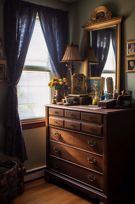 Vintage Dresser Brown, Dark Wood Decor Bedroom, Brown Life Aesthetic, Dark Drawers Bedroom, Dark Academia Dressing Table, Victorian Dresser Decor, Wooden Dresser Aesthetic, Vintage Room Aesthetic Brown, Vintage Bedroom Dresser