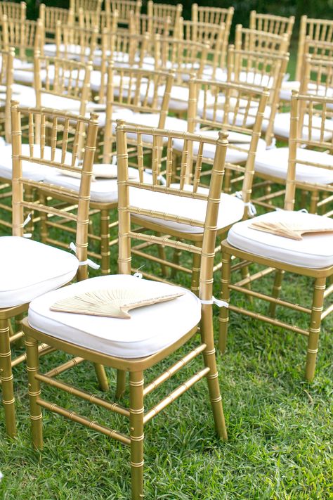 Gold Chairs Wedding Ceremony, Chavaria Chairs Wedding, Chivari Chairs Wedding, Gold Wedding Chairs, Chiavari Chairs Wedding, Gold Chivari Chairs, Golden Chair, Wedding Reception Chairs, Fan Wedding Favors