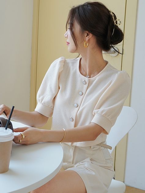 Khaki Casual  Short Sleeve Polyester Plain Shirt  Non-Stretch Summer Women Tops, Blouses & Tee Puff Sleeve Top Outfit Korean, Korean Tops Outfits, Korean Tops Blouse, Casual Shirts Outfit, Fesyen Korea, Korean Shirts, Áo Blu, Crop Top Styles, Chinese Fancy Dress