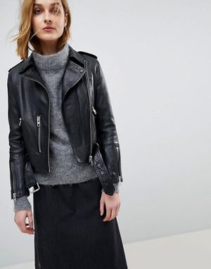 All Saints Clothing, Leather Coat Outfit, Womens Leather Jacket Outfit, Biker Jacket Outfit, Allsaints Dresses, All Saints Leather Jacket, Jacket Outfit Women, Leather Coat Womens, Outdoor Coats