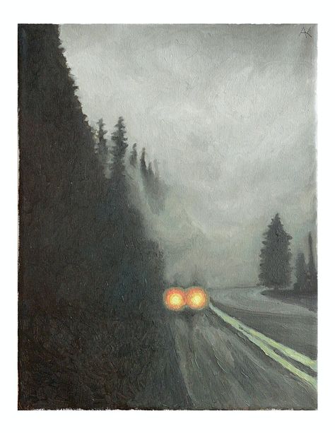 Oil painting of a foggy road in the forest at dawn. Foggy Road Painting, Dark Academia Gouache Painting, Foggy Drawing, Foggy Places, Foggy Painting, Dark Forest Painting, Foggy Forest Painting, Art Igcse, Fog Painting