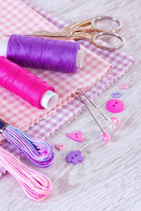 Sewing items with a check fabrics, buttons, thread and pin… | Flickr Yarn Aesthetic, Sewing Aesthetic, Sewing Photography, Purple Yarn, Cole And Son Wallpaper, Some Good Quotes, Sewing Business, Embroidery Tshirt