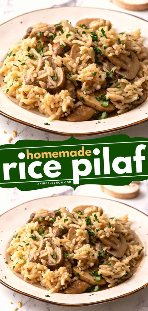 When you need a flavorful, yet easy side dish turn to this recipe for Homemade Rice Pilaf. Made with toasted rice, earthy mushrooms, and a homemade blend of spices, this Rice Pilaf Recipe is buttery, nutty, and insanely delicious! Mushroom Pilaf Rice, Wild Rice Pilaf Recipe Easy, Rice With Mushrooms Side Dishes, Rice Pilaf With Mushrooms, Rice Pilaf Recipe Easy Instant Pot, Rice With Mushrooms And Onions, Oven Rice Pilaf, Spiced Rice Recipes, Rice Recipes For Dinner Side Dishes