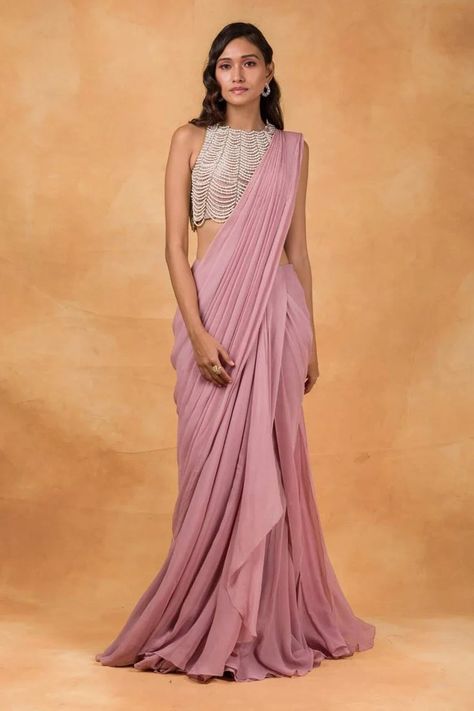 Buy Onion Pink Soft Organza All Pearl Scalloped Blouse With Online in India - Etsy Onion Pink, Drape Sarees, Ridhi Mehra, Scalloped Blouse, Stitched Saree, Saree And Blouse, Overall Outfit, Embroidered Crop Tops, Drape Saree