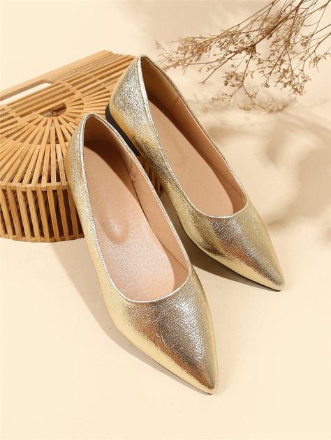 Gold Glamorous    Plain Ballet Embellished   Women Shoes Gold Shoes Flats, Gold Dress Shoes, Ballet Flats Outfit, Party Flats, Dressy Flats, Low Heel Flats, Gold Ballet Flats, Cute Shoes Heels, Embellished Flats