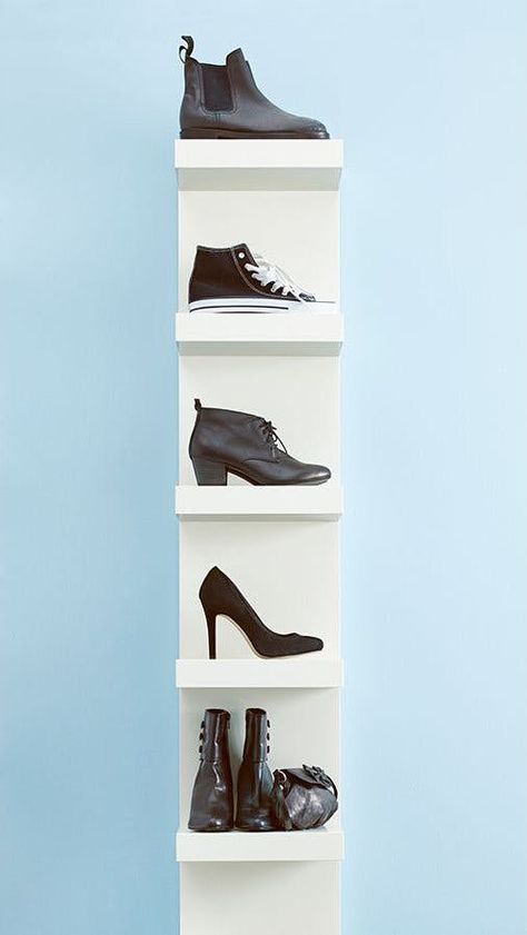 One of the beauties of IKEA products is that their simple design also makes them endlessly versatile. While IKEA makes quite a few products specifically designed to house your shoes, they also carry lots of other products, intended for other uses, that can be pressed into service as shoe storage with just a little ingenuity. Shoe Storage Apartment, Lack Wall Shelf, Ikea Shoe Storage, Column Shelves, Diy Shoe Rack Ideas, Storage Apartment, Shoe Photography, Ikea Shoe, Handbag Display