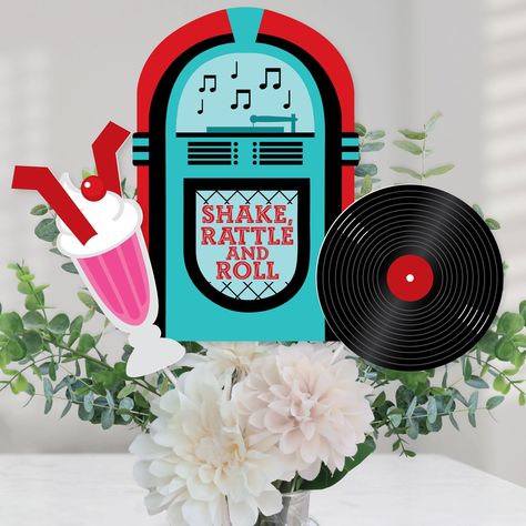 PRICES MAY VARY. 50’s Sock Hop Centerpiece Sticks INCLUDES 15 rock n roll table toppers in three different shapes, 15 table topper sticksand stickers for easy assembly. Sock hop party table decorations are perfect for a 1950s party. 50’s Sock Hop Centerpiece Sticks SIZE five jukebox table toppers, 7.25” wide x 10.75” tall; five malt / shake table toppers, 4.25” wide x 8” tall; and five record table toppers, 6” wide x 6” tall. The unique design and variety of pieces makes this table decoration ki Grease Table Decorations, Sock Hop Decorations, 50s Halloween, 50s Party Decorations, Themed Picnic, Record Decorations, 50s Sock Hop, 50s Theme, Grease Party