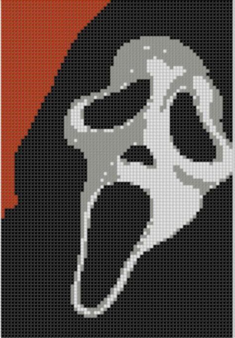 What's your favorite scary movie? Scream Cross Stitch Pattern, Scream Cross Stitch, Pixel Art Pattern Halloween, Horror Movie Cross Stitch, Horror Cross Stitch, Graph Crochet, Halloween Cross Stitch Patterns, Fair Isles, Pixel Crochet