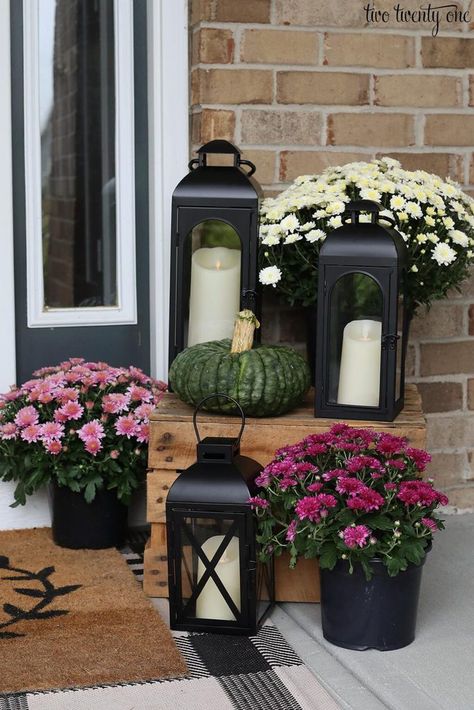 Cozy Fall Front Porch Front Entrance Decor, Summer Mantle, Black Lantern, Summer Mantle Decor, Fall Front Porch Decor, Garden Wallpaper, Small Front Porches, Timeless Chic, Fall Front Porch