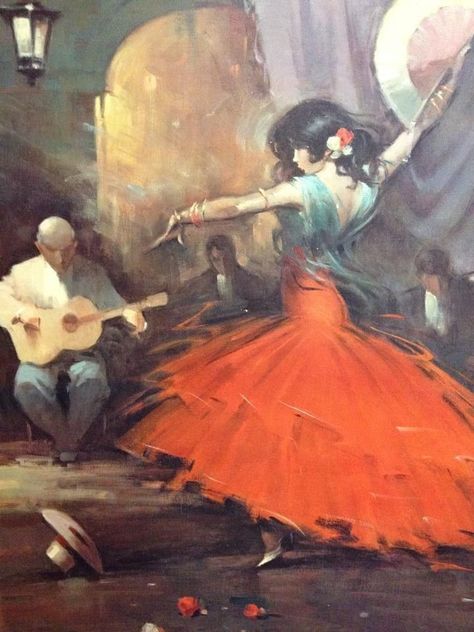 Flamenco 1960's Latin American Cuban Guitar "Lady In Red" Dancing Oil Painting Dancing Oil Painting, New York Graphic, Spanish Dance, Side Border, Spanish Dancer, Cuban Art, Music And Dance, Spanish Art, Latin American Art