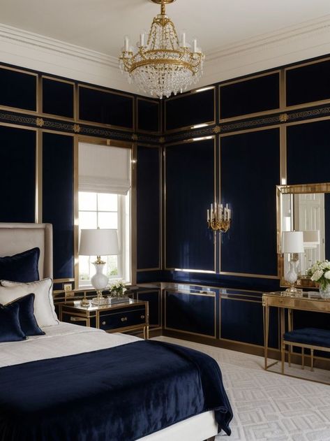 Navy Blue Aesthetic Bedroom, Blue And Gold Room, Navy Blue Bedroom Aesthetic, Beige And Gold Bedroom, Navy Blue Headboard, Aesthetic Navy Blue, Navy Blue Aesthetic, Furniture Ideas Bedroom, Aesthetic Navy