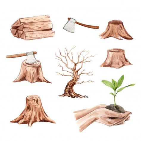 Set of watercolor deforestation, hand-dr... | Free Vector #Freepik #freevector #watercolor #tree #wood #hand Deforestation Painting, Deforestation Illustration, Deforestation Drawing, High Background, Wood Watercolor, Watermelon Illustration, Art Logos, Wood Illustration, Painting References