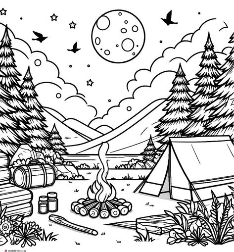 Bonfire Colouring Pages, Camper Coloring Pages, Preschool Camping Coloring Pages, Kids Coloring Pages, Printable Camping Coloring Pages, Hiking Coloring Pages, Camping Drawing, Camping Coloring Pages, Unique Coloring Pages